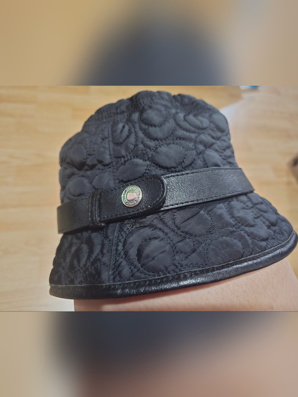 Coach Black Quilted Bucket Hat with Leather Band